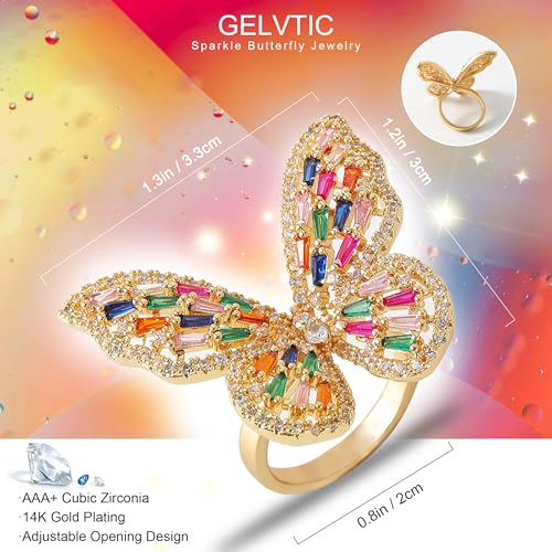Butterfly Rings for Women Adjustable Golden Cocktail Ring Sparkly Stones Statement Silver Bow Open Wrap Bow Jewelry Bridesmaids Wedding Valentine’s Day Gift Lover Mother - color: JZ03-Colorful