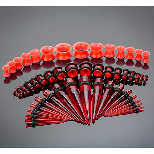 50-Piece Ear Gauges Stretching Kit, 14G-00G | Acrylic tapers and plugs with soft silicone tunnels, body piercing jewelry for women and men - color: Red