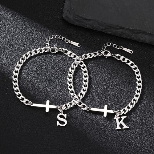 Cross Cuban Link Bracelets for Men Initial A - Z Faith Cross Bracelets, Stainless Steel Fashion Initial Charm Chain Bracelet Religious Jewelry Gift for Men - color: Silver N
