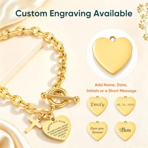 Gamtic Personalized Charm Bracelet for Women, Gold Bracelet with Cross Heart Charms, Bible Verse Christian Bracelet, Custom Engraved Stainless Steel Ot Clasp Bracelet, Faith Gifts Jewelry for Her - color: Proverbs 4:23 / Custom Back
