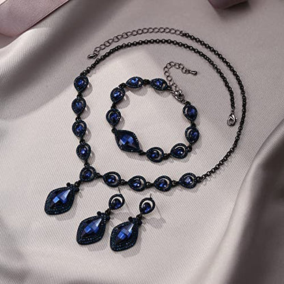 EVER FAITH Bridal Wedding Crystal Marquise Teardrop Pendant Necklace Earrings Bracelet Set for Prom - color: Blue Black-Tone