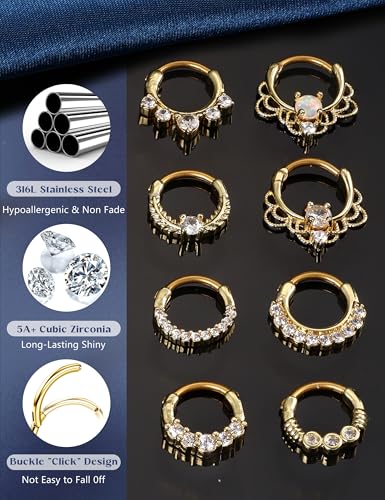 8PCS 16G Septum Clicker Ring Stainless Steel CZ Opal Cartilage Helix Tragus Hoop Daith Earrings Nose Rings Hoop Hinged Segment Clicker Ring Piercing Jewelry - color: gold tone 8mm