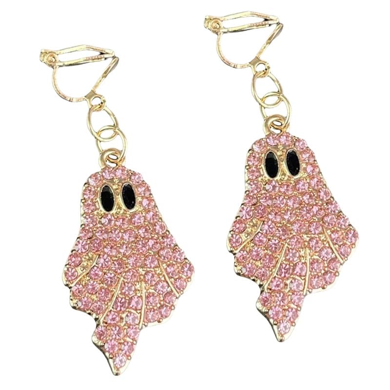 Shiny Rhinestone Ghost Pumpkin Drop Dangle Earrings Crystal All Saints' Day Spooky Earrings Halloween Party Jewelry Gifts for Women - color: Pink Clip-on