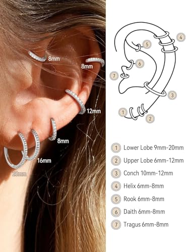 FaithHeart 925 Sterling Silver Post Small CZ Huggie Hoop Earrings for Women | Hypoallergenic Small Cubic Zirconia Hoop Earrings, Silver/Black/Gold/Rose Gold Huggie Earrings, 8-20mm with Gift Box - color: Silver, size: 16mm