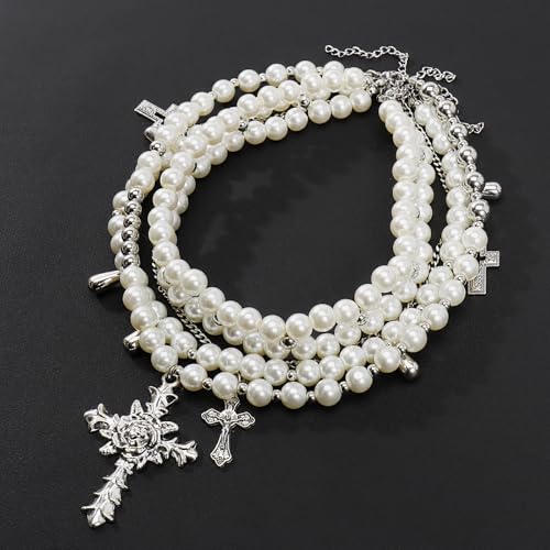 Bocar Gothic Cross Layered Pearl Necklace Chunky Statement Stacked Necklace Y2K Silver Layered Necklace for Women (NK-10769) - color: necklace