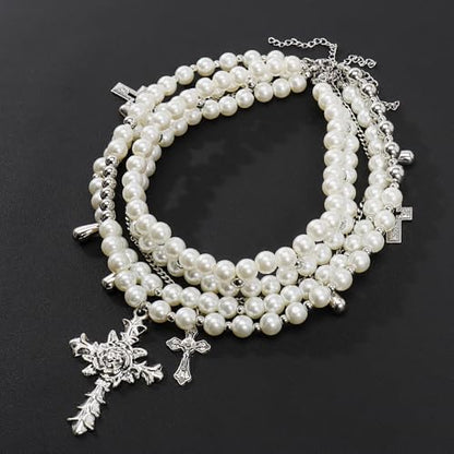Bocar Gothic Cross Layered Pearl Necklace Chunky Statement Stacked Necklace Y2K Silver Layered Necklace for Women (NK-10769) - color: necklace
