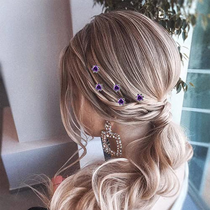 QIUTIMIY 20 Pack (Purple) Crystal Hair Pins Rose Flower Rhinestone Hair Clips for Bridal Wedding Women Hair Jewelry Accessories, with Clear Container - color: Rose Flower-Purple