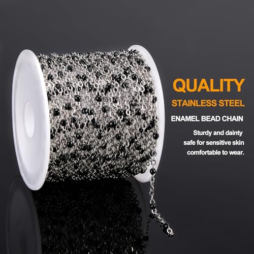 KYUNHOO 16.4FT/5M Black Enamel Beaded Chain for Jewelry Making | Silver Cable Link Roll Stainless Steel Jewelry Chains for Necklace Bracelet DIY - color: Silver-Black-2mm