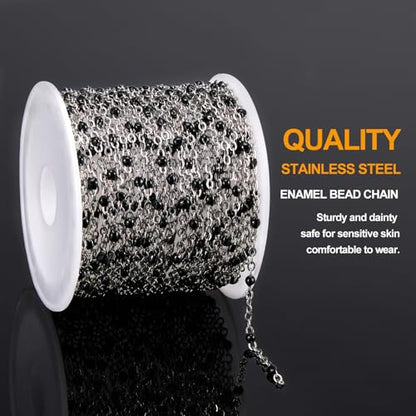 KYUNHOO 16.4FT/5M Black Enamel Beaded Chain for Jewelry Making | Silver Cable Link Roll Stainless Steel Jewelry Chains for Necklace Bracelet DIY - color: Silver-Black-2mm