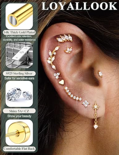925 Sterling Silver Flat Back Stud Earrings for Women Hypoallergenic | 14K Gold Plated Cartilage Earrings for Sensitive Ears | Leaf Flower CZ Helix Tragus Piercing Jewelry - color: Gold-heart