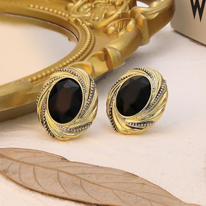 Chunky Gold Geometric Stud Earrings Trendy Vintage 14K Gold Plated Black Cubic Zirconia Statement Cocktail Earrings Dupes Jewelry for Women - style: Black Stone C