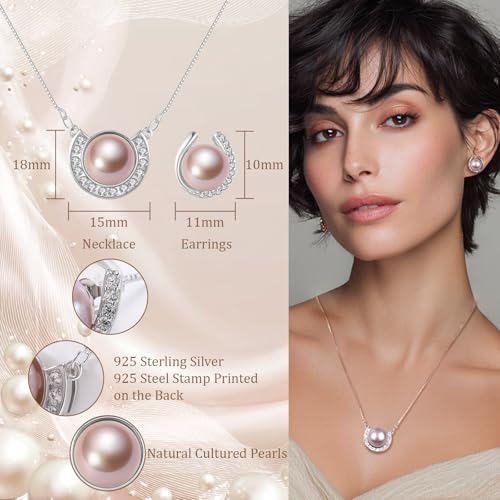 YAMI Pearl Jewelry Set for Women, Natural Cultured Pearl Necklace&Earrings | 11-12mm Pearl, 925 Sterling Silver with 5A Cubic Zirconia, Wedding Jewelry Sets, Valentine's Day/Mother's Day/Christmas Gift - color: Pink