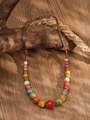 MINACHI Hippie Boho Colorful Ceramic Round Beads Strand Necklace, Bohemian Fashion Statement Jewelry Gift for Women - color: S02