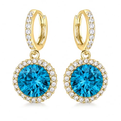 14K Gold Plated Hoop Dangle Earrings for Women, Hypoallergenic Colorful Cubic Zirconia Drop Earrings, Lightweight Huggie Earrings for Women - color: Gold/Aquamarine Blue