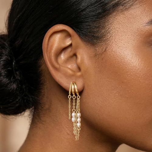 14K Gold Plated Dangle Earrings for Women, Dainty Hoop Huggie Studs, Long Hanging Tassel Chain Multi Pierced Ear Stacking Jewelry Gifts - color: Pearl Dangle-Gold