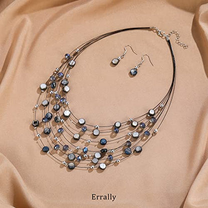 Multi-Layer Boho Shell Beaded Necklace for Women Colorful Crystal Strand with Silver Beads Statement Collars Necklace and Earrings Costumes Jewelry Sets for Women - color: Blue