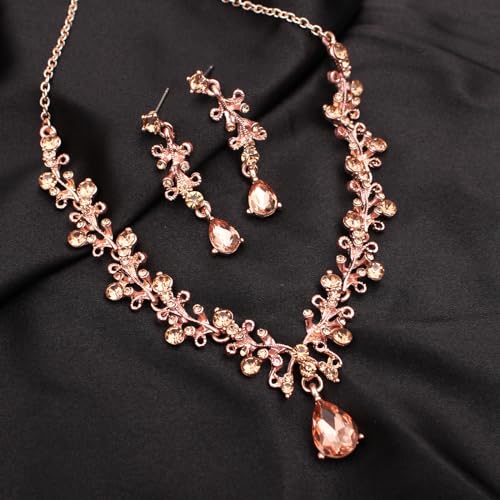 3Pcs Austrian Crystal Jewelry Set for Women, Necklace Dangle Earrings Link Bracelet Jewelry Set with Gold/Platinum/Gun Plated, Wedding Party Jewelry for Bridal Bridesmaid - color: Peach-Rose Plated