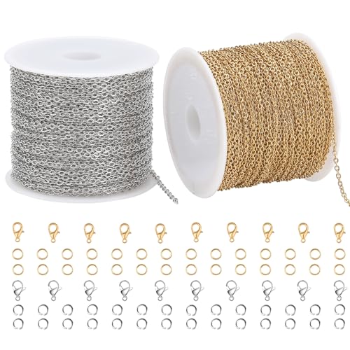 SMYHTGLIF 2 Rolls Total 65.6 Feet Oval Cable Chain for Jewelry Making | Gold & Silver Stainless Steel Jewelry Making Chains DIY Craft Chain Bulk Roll Jewelry Findings - size: 1.9×1.5mm