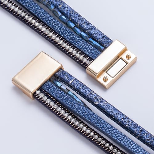 Boho Chunky Leather Wrap Bracelets Stackable Beaded Western Country Jewelry | Crystal Bead Trendy Layered Cuff Magnetic Clasp Stack Bohemian Statement Costume Outfits Cowgirl Fashion Hippie Accessories - color: Navy Blue, size: 7.7"