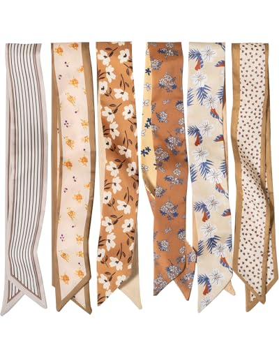 ZXZH 6 Pack Fashion Scarves for Women, Versatile Boho Head Scarf | Satin Scarf for Hair, Neck, Wrist, and Purse Accessories - color: Warm Brown & Coffee