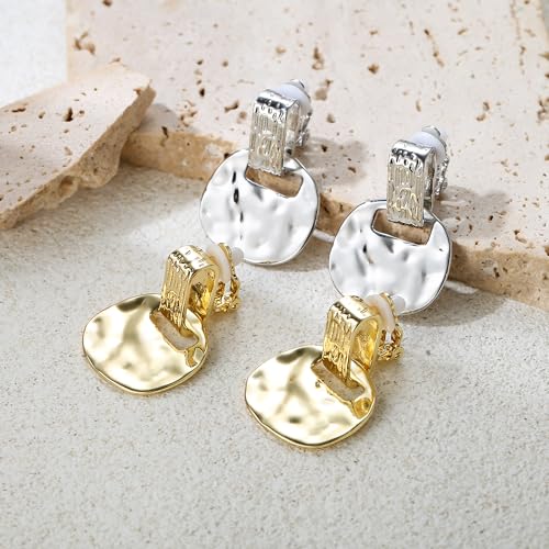 FANZE 2 Pairs Matte Gold Sliver Clip on Earrings for Women No Piercing | No Piercing Button Earring Comfortable Fashion Jewelry Gift - color: Gold/Silver