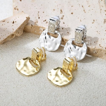 FANZE 2 Pairs Matte Gold Sliver Clip on Earrings for Women No Piercing | No Piercing Button Earring Comfortable Fashion Jewelry Gift - color: Gold/Silver