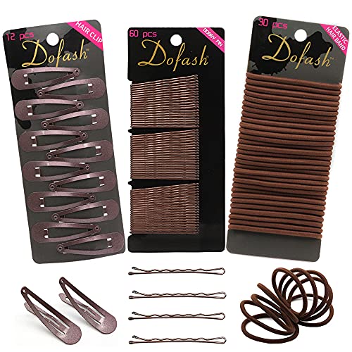 Dofash Women's Braided Good Hair set 102counts set (Bobby pins 60pcs + Hyper Elastics ties 30pcs + Snap hair clips (Brown) - color: Brown D