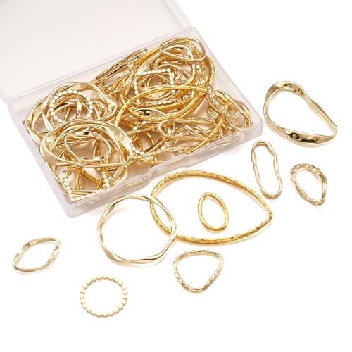 Elecrelive 54Pcs Golden Hollow Frame Pendants Twist Linking Rings 9 Styles | Open Bezel Charm Connectors Earring Beading Hoop Stainless Steel Link Ring for Earrings Bracelet Necklace Macrame Making - color: Golden 10 Styles