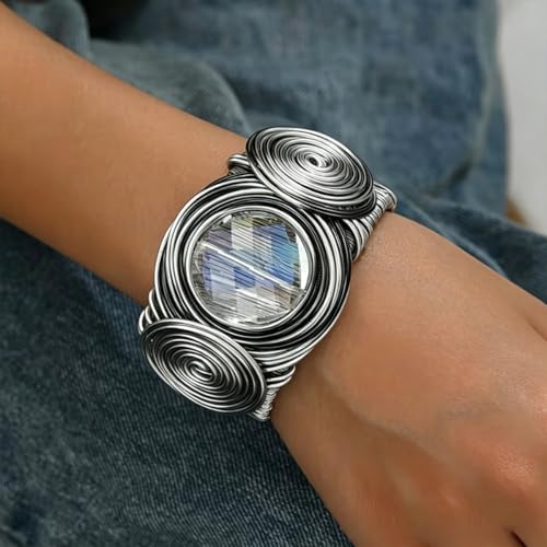 Chunky Cuff Bracelets for Women Wide Gold/Silver Cuffs Bangle Hollow Out Adjustable Bracelets Punk Vintage Jewelry - style: Black Crystal