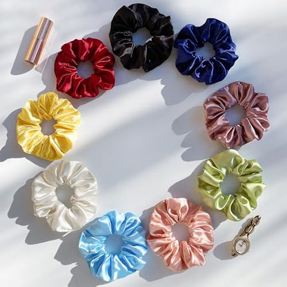 SILVR BEAR Luxury Satin Scrunchies, 9 Pack, Satin Hair Ties for thick & curly Hair, Scrunchies for Women and Girls - Pastel Shades - color: Pastel