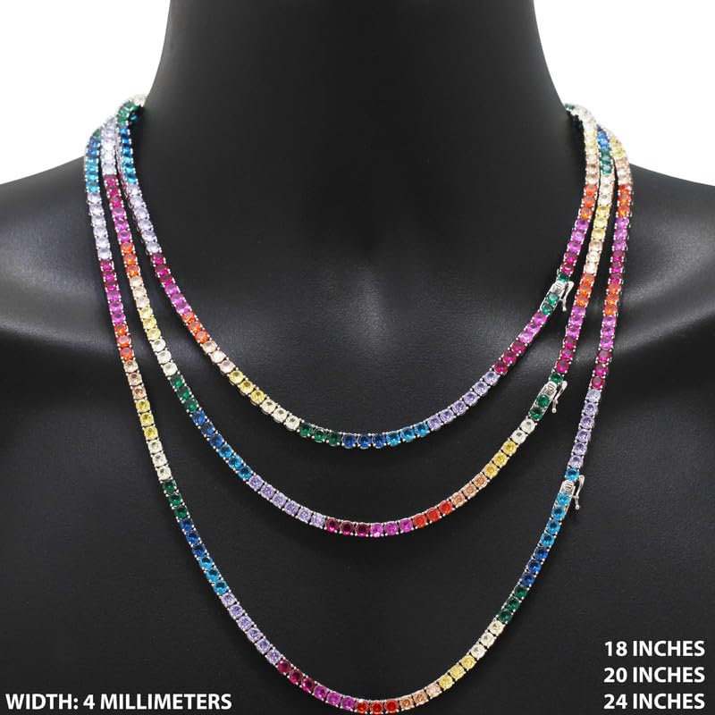 14k White Gold Plated AAA Cubic Zirconia 4mm Rainbow Tennis Chain Necklace Bracelet 7.5”-24” - size: 18"