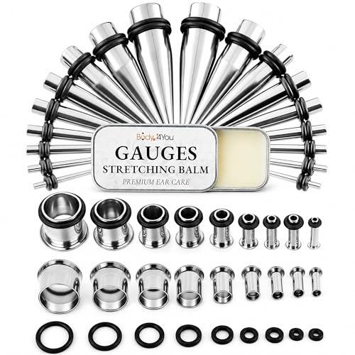 BodyJ4You 37PC Ear Gauge Stretching Kit 14G-00G - Aftercare Balm Tapers | Gauges for Ears Dead Stretching Lobe - Surgical Stainless Steel Single Flare Plugs - Flesh Tunnels O-Rings Expander Men Women - color: Silvertone, Single Flare