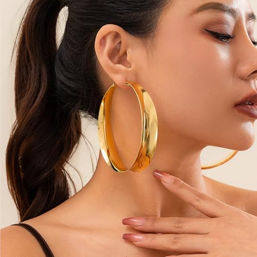 Hoop Earrings for Women Wide Hoop Earrings Large Big Flat Huggie Hoops Earrings Trendy Chunky Hoops Earrings Statement Earrings Jewelry for Women - color: 80mm-Gold