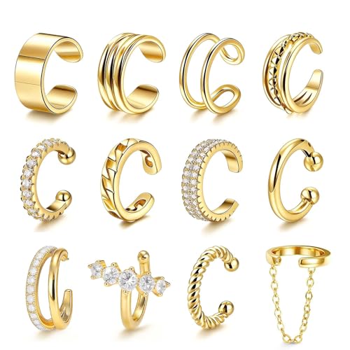 12Pcs Ear Cuffs Non Piercing 14K Gold Plated Ear Cuff Earrings for Women Adjustable Non Pierced Ears Clip on Cartilage Earrings Set Jewelry - color: A3: 12set ear cuff