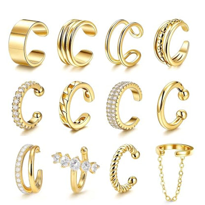 12Pcs Ear Cuffs Non Piercing 14K Gold Plated Ear Cuff Earrings for Women Adjustable Non Pierced Ears Clip on Cartilage Earrings Set Jewelry - color: A3: 12set ear cuff