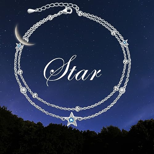 DAOCHONG Double Foot Chain Layer Ankle Bracelets for Women S925 Sterling Silver 3 Blue Stars Beads Chain Double Layer Anklet Beach Jewelry Anklet 9+1.5 inches - style: 02_Three Star
