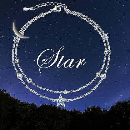 DAOCHONG Double Foot Chain Layer Ankle Bracelets for Women S925 Sterling Silver 3 Blue Stars Beads Chain Double Layer Anklet Beach Jewelry Anklet 9+1.5 inches - style: 02_Three Star