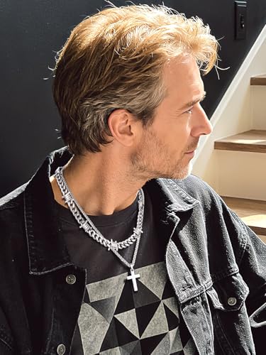 Bandmax Stainless Steel Barbed Wire Cuban Chain Necklace for Men & Women | Edgy Fierce Design, Waterproof & Tarnish Resistant, Silver/Black Tone, 5/7/9/12MM, 16-22 Inches, Street Punk Style Jewelry - color: A4 9MM+Layering Cross-Silver, size: 20 Inch (51c