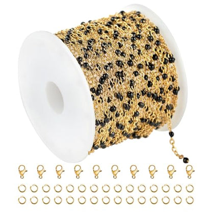 KYUNHOO 16.4 Feet Gold Plated Chain for Jewelry Making with Jewelry Clasps | Solid Stainless Steel Cable Chains for Crafts Black Enemal Beaded Jewelry Chain Roll with Lobster Clasps Jump Rings - color: Gold-Black-2mm
