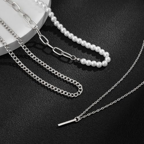Layered Gold Necklaces for Women Stackable Pearl Paperclip Chain Necklaces Adjustable Dainty Bar Pendant Necklaces Trendy Everyday Jewelry Gifts - color: Silver