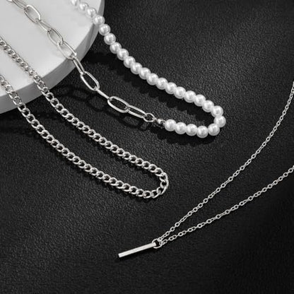 Layered Gold Necklaces for Women Stackable Pearl Paperclip Chain Necklaces Adjustable Dainty Bar Pendant Necklaces Trendy Everyday Jewelry Gifts - color: Silver