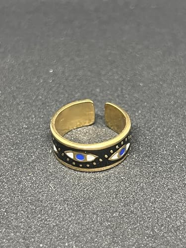 Win&Will Black & Gold Eveil Eye Stainless Steel Adjustable Wide Bold Statement Open Ring for Women
