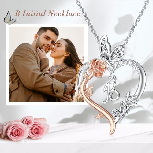 TOUPOP Gifts for Women Her 925 Sterling Silver Rose Heart Initial Necklace Butterfly Heart Jewelry Anniversary Birthday Gifts for Wife Girlfriend Mom - color: B Initial