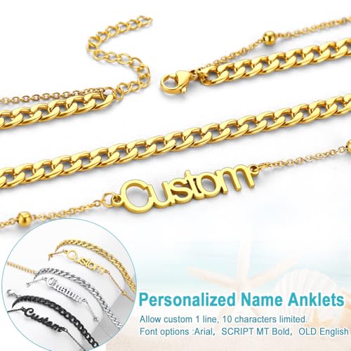 U7 Custom Layered Ankle Bracelets for Women Stainless Steel Bead/Cuban/Figaro/Rope/Wheat Chain Anklet Waterproof Anklet Jewelry for Beach Vacation - color: a-Gold Plated-Cuban Chain