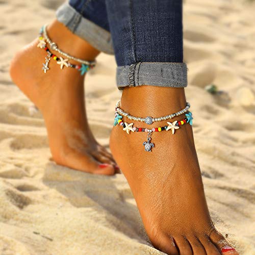 Softones Blue Starfish Turtle Anklet Multilayer Charm Beads Sea Handmade Boho Anklet Foot Jewelry for Women - style: A:Turtle 2