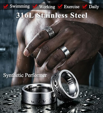 CASDAN 12Pcs Stainless Steel Vintage Signet Rings for Men | Silver Square Pinky Thumb Chunky Thin Band Ring,High Polished Men Ring ,Vintage Spinning Biker Band Rings Set 7-13