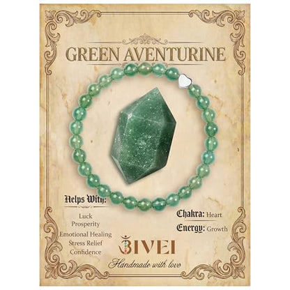 Bivei Crystal Stretch 6mm Bracelets for Women | Handmade Natural Stone Beaded Stretch Bracelet, Stainless Steel Heart Bead, Tranquility Yoga Gift Jewelry for Women - color: Green Aventurine - Growth