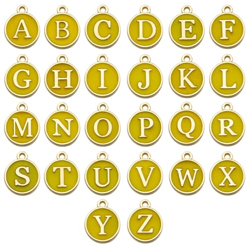 A-Z Letter Charms Round Enamel Alphabet Initial Pendant for Jewelry Making,Double-Side for Necklace Bracelet Earring DIY Craft - color: 1 set(26pcs)-Yellow