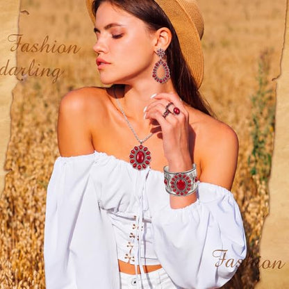 Ecally Bohemian Western Jewelry Turquoise Set Women Country Pendant Long Choker Layered Bracelets Earrings Ring for Women - color: Red, style: Lovely