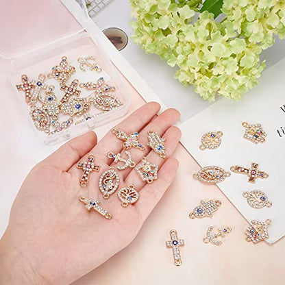 SUNNYCLUE 1 Box 32Pcs 8 Styles Evil Eye Connectors Golden Plated Rhinestone Cross Oval Hamsa Hand Flat Round Tree of Life Links Charms Lucky Chakra Pendants for Jewelry Making Charms Bracelets Crafts - color: 32pcs Rhinestone Cross Charms and Evil Eye Cha